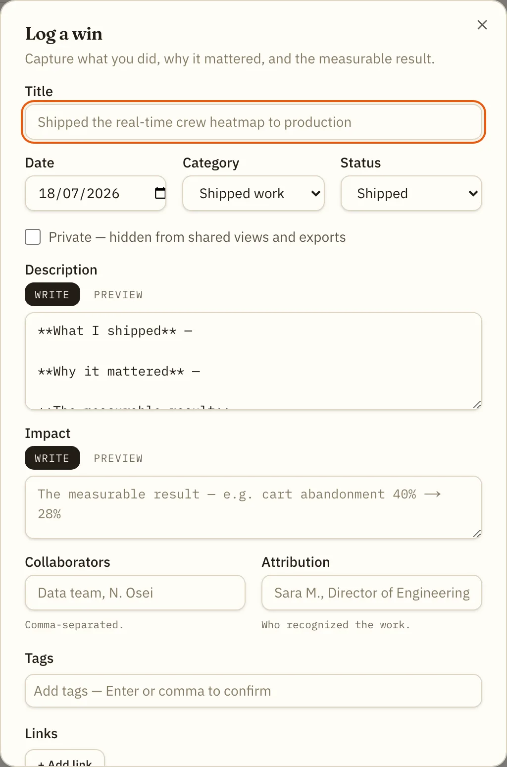 The BragBit editor dialog titled “Log a win”, pre-filled from a template: category “Shipped work”, status “Shipped”, a private checkbox, and a Markdown description scaffold reading “What I shipped”, “Why it mattered”, “The measurable result”, plus fields for impact, collaborators, attribution, tags and links.