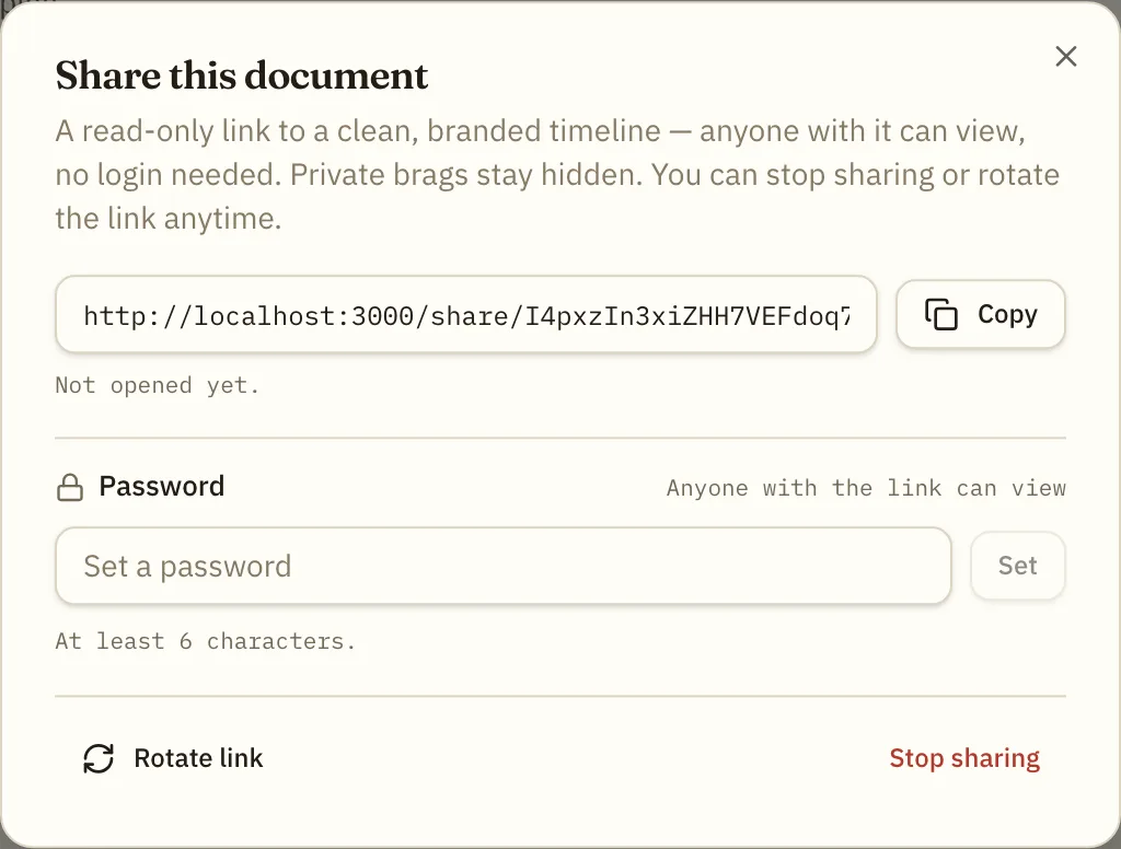 BragBit's share dialog showing a generated read-only share link with a copy button, a “Not opened yet” status, an optional password field, and controls to rotate the link or stop sharing.
