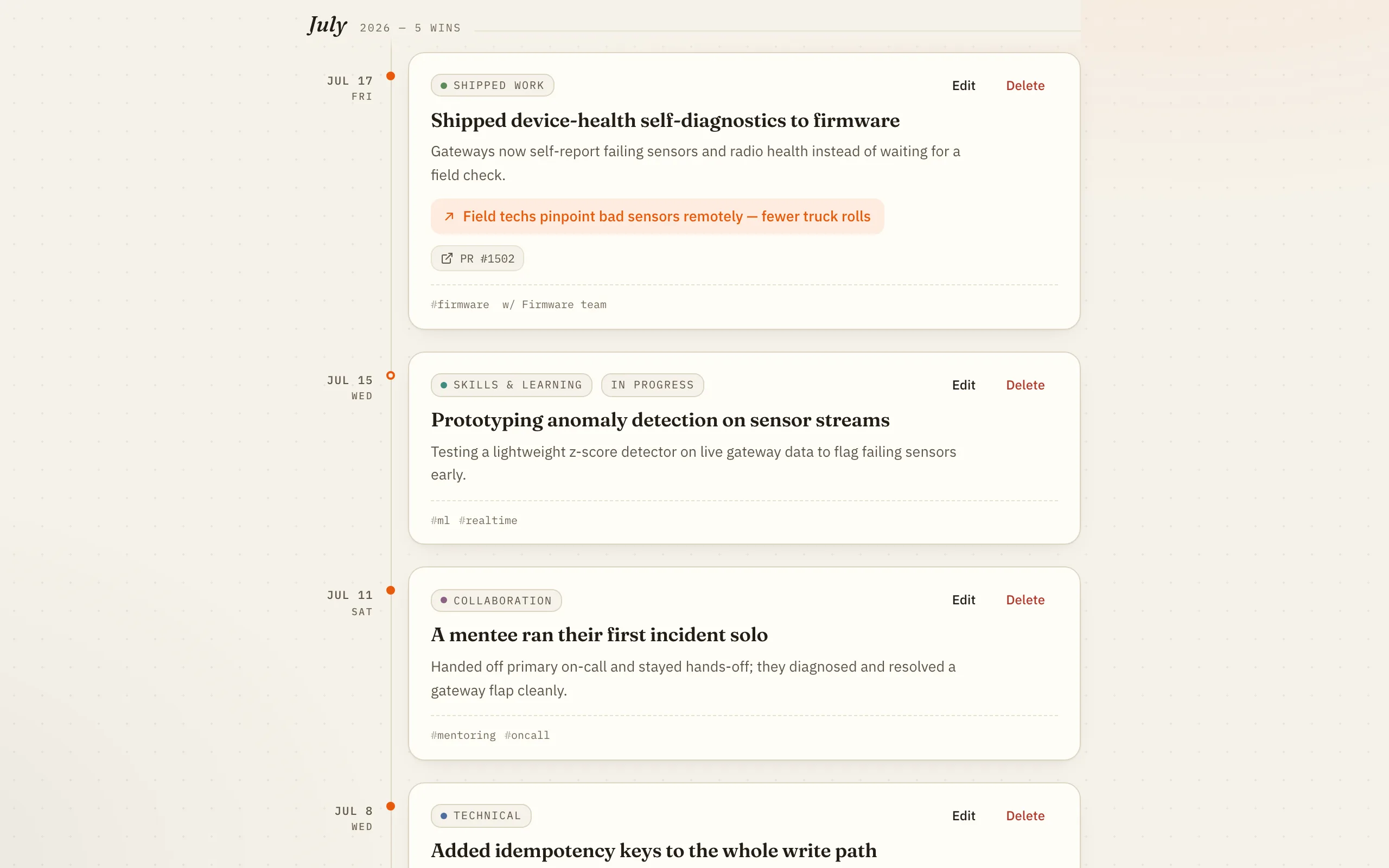 A month-grouped BragBit timeline for July 2026 with four wins on a vertical spine: a glue-work entry about killing a duplicate-gateway alert storm, an in-progress technical entry, a leadership entry about running an incident review, and a technical entry about cutting dashboard load time.