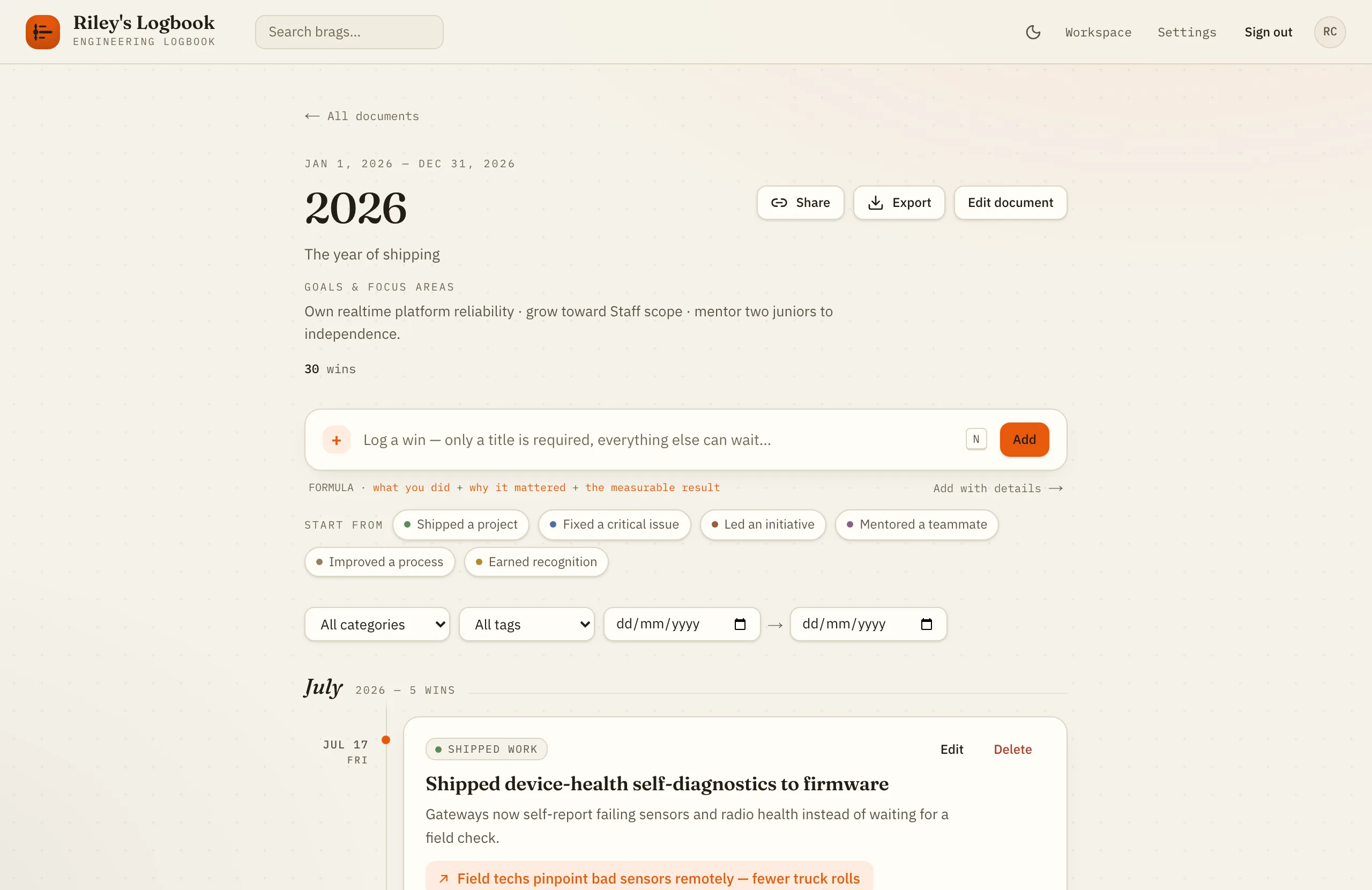 The BragBit document view: a 2026 review-period document with goals, a quick-add box reading “Log a win — only a title is required”, six action-verb template chips, category and tag filters, and the start of a month-grouped timeline.